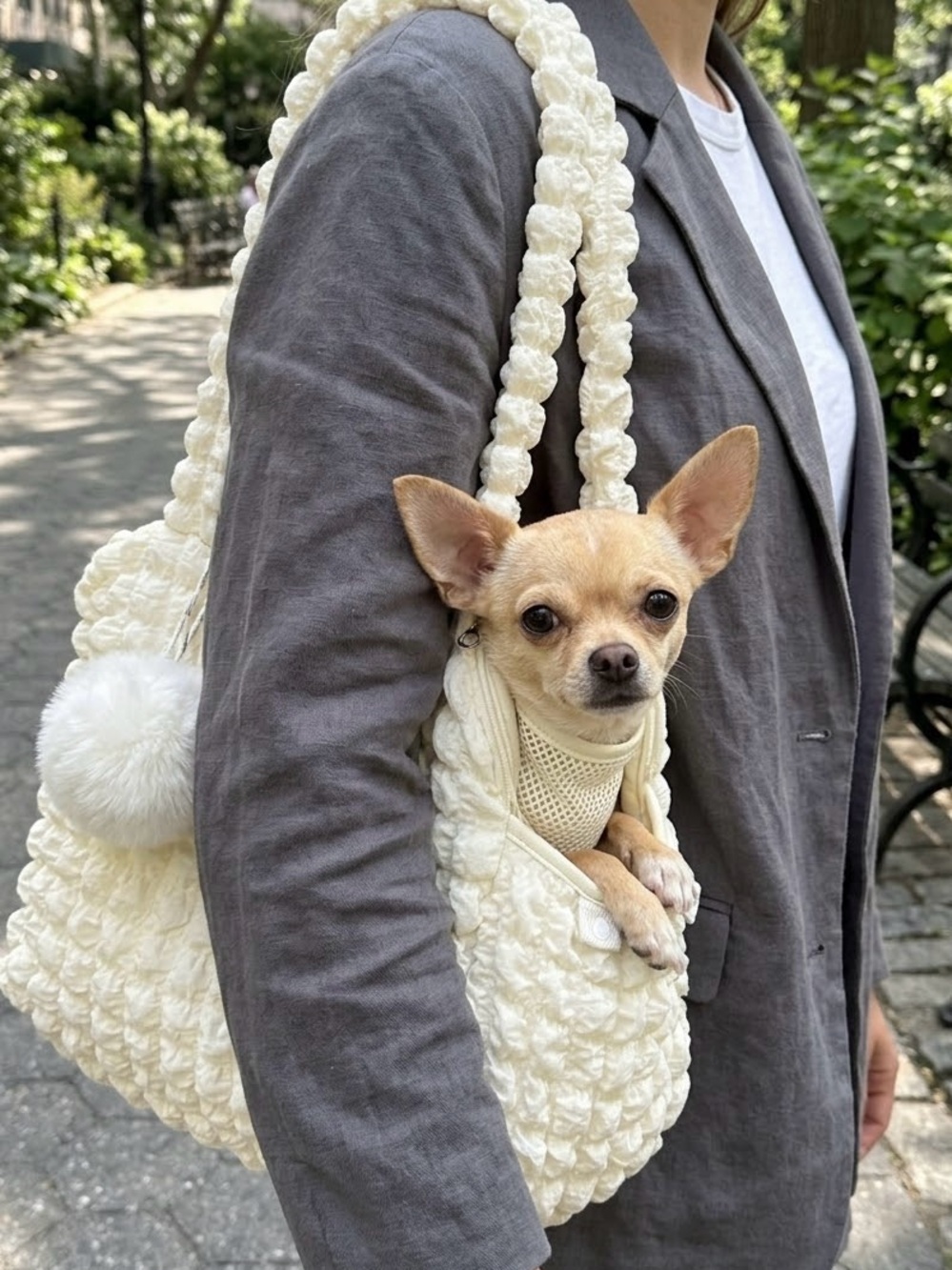 Cream Textured Popcorn Mesh Pet Carrier Tote with Pom Keychain